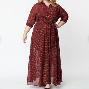 NWT Unique Vintage Plus Size Burgundy & Gold Clip Dot Maxi Shirtdress 2X 18